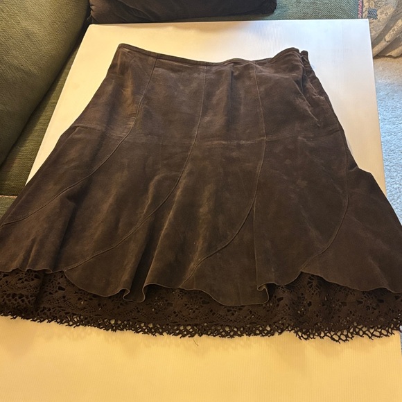 Anthropologie Odille Dark Brown Suede Skirt with Lace Hem - Picture 1 of 5